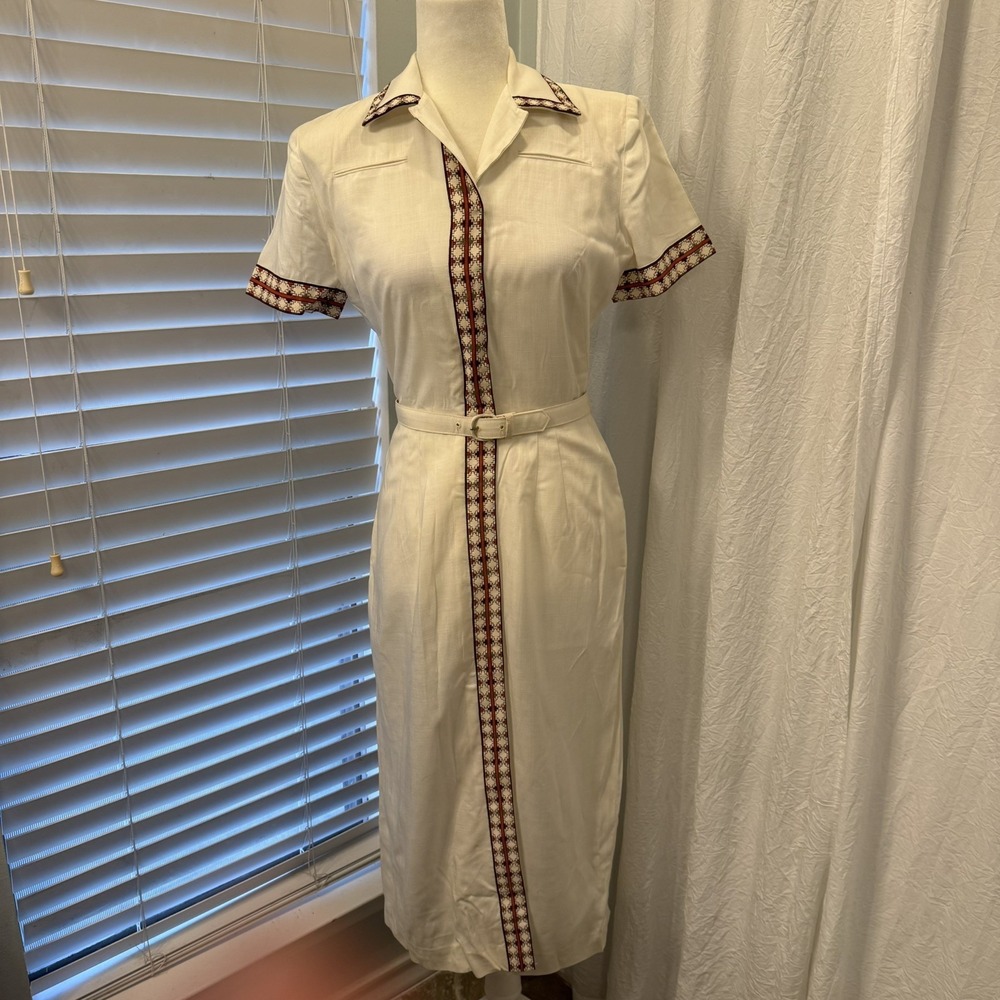 Vintage 1930s-50s Linen Belted Ivory Buttoned Dress Size XS/Small